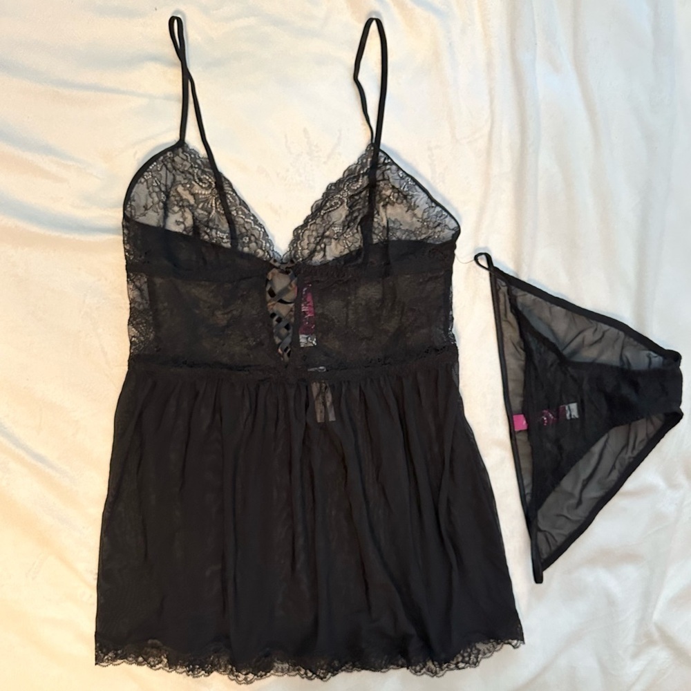 NEW Adore Me Yolandi Set Black Lace Babydoll & Bikini Panties M sheer lingerie
